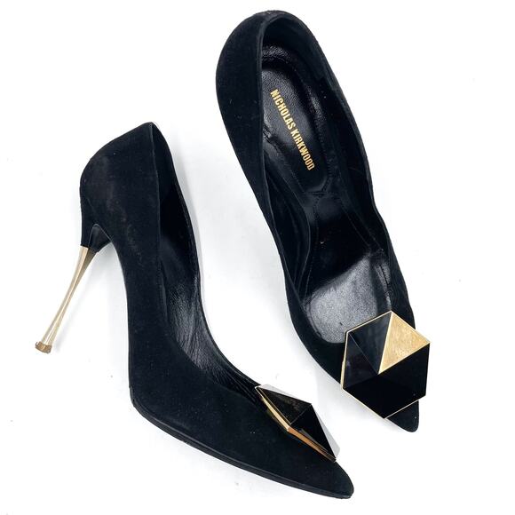 Nicholas Kirkwood Hexagon Pumps Black Suede Heels Pointed Stiletto Sz 39.5 / 9.5